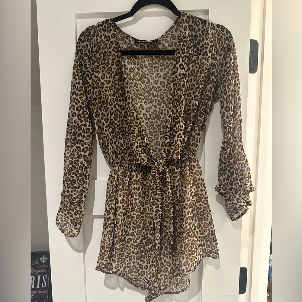Audrey 3+1 Brown Leopard Sheer Tie-Front Romper